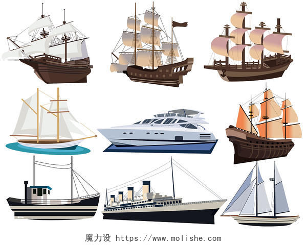 扁平风卡通帆船套图矢量图大型多种船只水上模型png素材